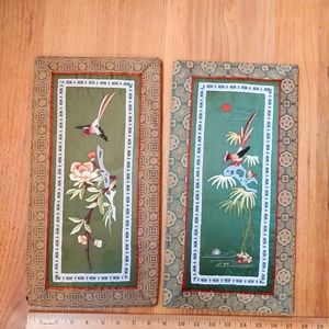 Vintage Antique Asian Oriental embroidered silk bird floral panels mounted